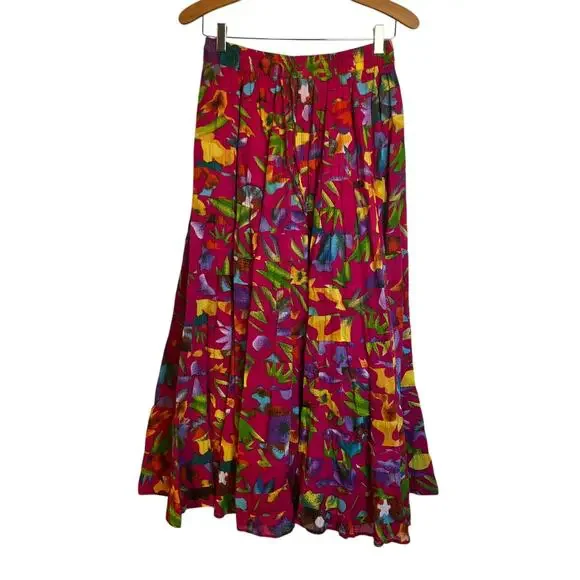 Silver Stream Vintage Tiered Floral Maxi Skirt Tropical Print Maximalist Pink OS - Picture 10 of 10
